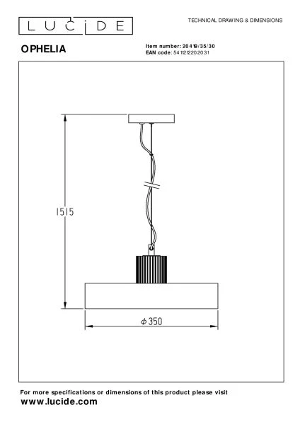 Lucide OPHELIA - Suspension - Ø 35 cm - 1xE27 - Noir - TECHNISCH